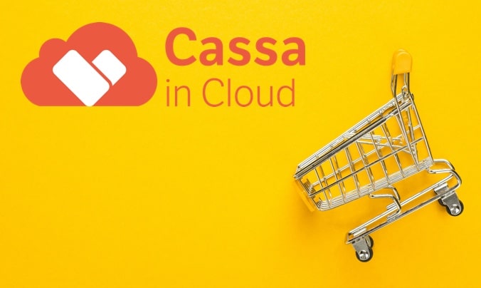 Integrazione Cassa in Cloud e WooCommerce - immagine gialla con logo di Cassa in Cloud e carrello della spesa