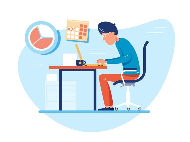 Working time at workplace. Man works at computer. Vector illustration